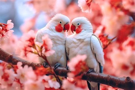 Two Large White Macaw Parrots Sit On A Branch Of Sakura Blossoms