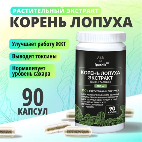 Корень лопуха экстракт в капсулах детокс 90 капсул 500 мг, ГрибNik ...