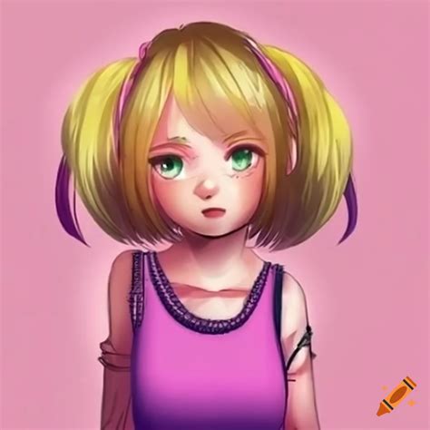 Anime Girl With Blonde Hair And Green Eyes In A Pink Sleeveless T Shirt On Craiyon
