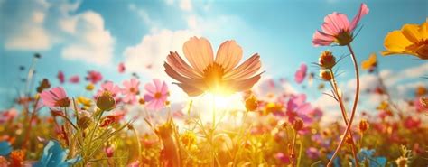 Field Of Wildflowers With Sunset Premium Ai Generated Image