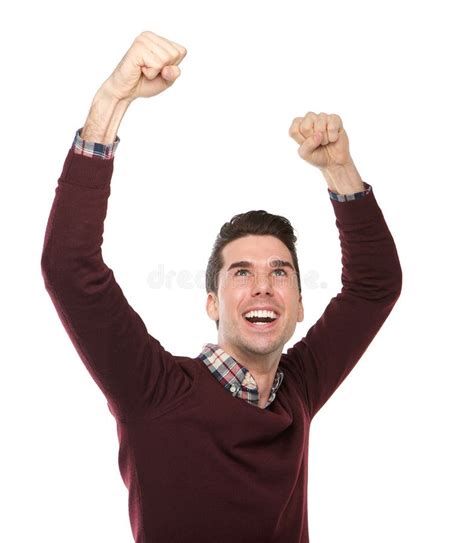 Happy Man Cheering With Arms Raised Stock Photo Image Of Caucasian