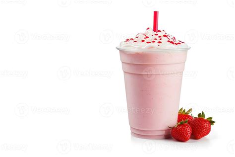 Strawberry milkshake in plastic takeaway cup isolated on white background with copy space ...