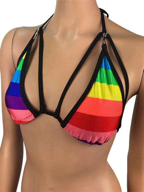 Rainbow Triangle Bikini Top Rave Outfits Strappy String Etsy
