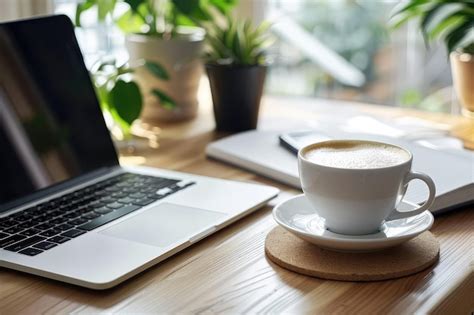 modern office desk setup   laptop  cup  coffee   open