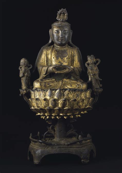 A Gilt Bronze Seated Figure Of Guanyin With Acolytes Ming Dynasty