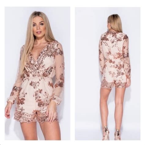 SwankStyles Pants Jumpsuits Nude Sequin Long Sleeve Romper Poshmark