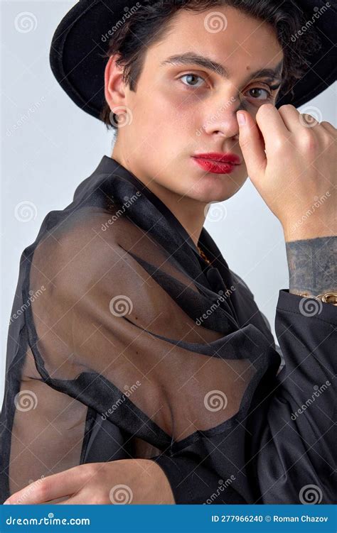 Androgynous American Gay Man With Make Up In Black Fashionable Outfit Posing Stock Photo Image