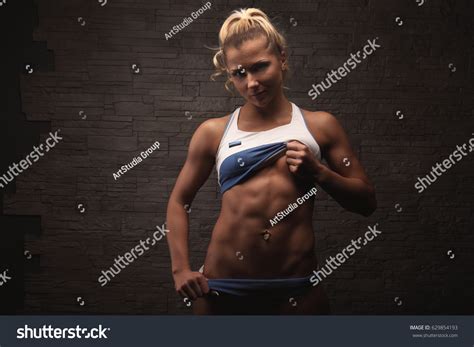 Sexy Blond Bodybuilder Woman Bikini Over Stock Photo 629854193