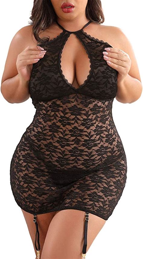 Xakalaka Women S Halter Plus Size Lace Lingerie Keyhole Mesh Stretch