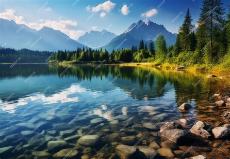 Photo natural beautiful lake with boat behind mountain and natural ...