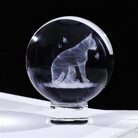 Ornalrist Crystal 3D Ball 6cm Engraved Cat With Butterflies Gifts For