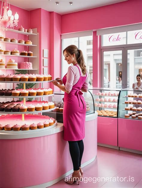 Pink Cake Shop Busy Day With Cake Lady Serving Customers Ai Image