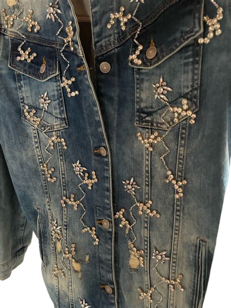 Rhinestone Jeweled Embellished Blue Jean Jacket Long Denim Jacket Etsy