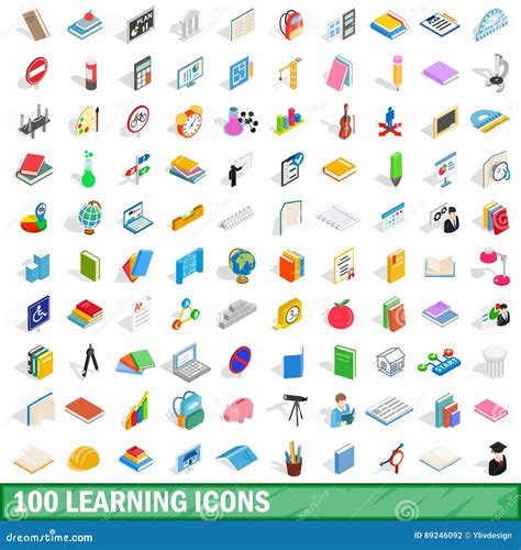 100 Learning Icons Set Isometric 3d Style Stock Vector Illustration