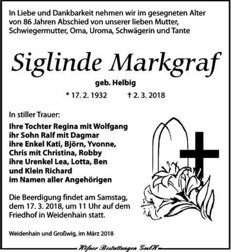 Traueranzeigen Von Siglinde Markgraf Trauer Anzeigen De