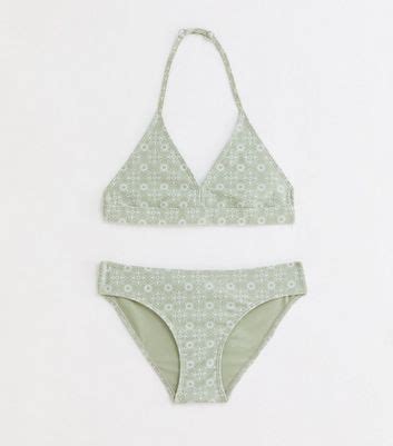 Girls Light Green Floral Triangle Bikini Set New Look