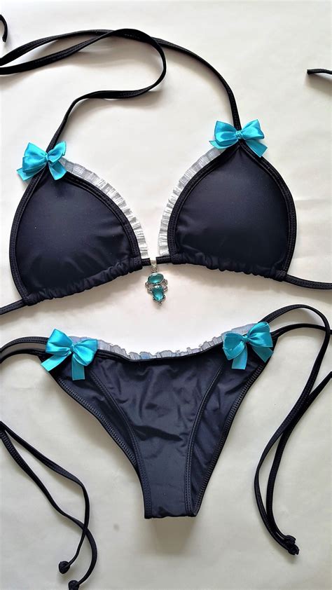 Pastel Goth Bikini Black Scrunch Bottom Brazilian Bikini Lolita Swimsuit Ruffle Bikini With Bows