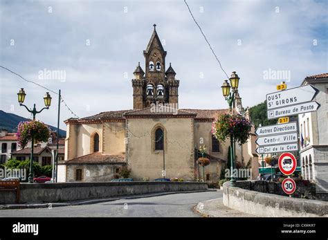 The entry to the village of Seix in the Midi-Pyrenees region of France ...