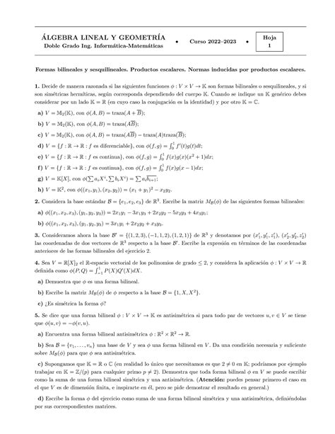 Hoja1 Hojas De Problemas Sobre Formas Bilineales ALGEBRA LINEAL Y