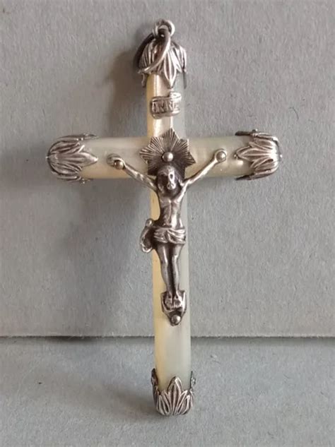 Ancienne Croix Pectorale Crucifix Nacre Argent Massif Poin Ons Me