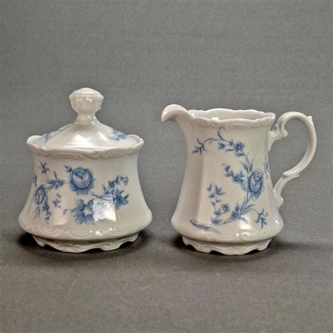 Vintage Mitterteich Bavaria Blue Rose Pattern Porcelain Set Of 2 Trio