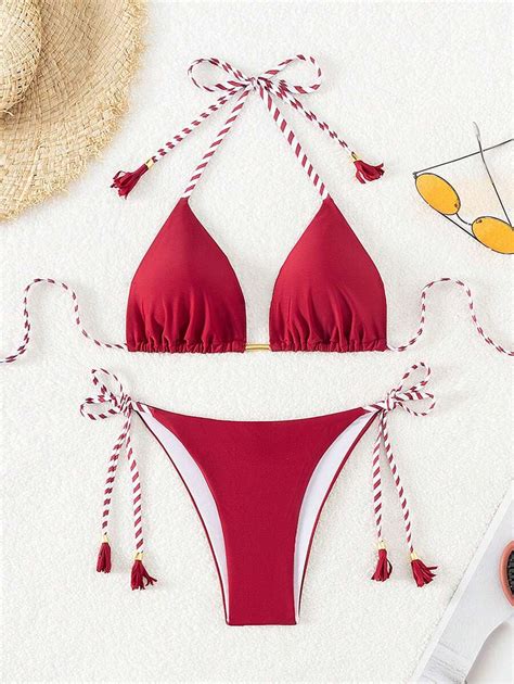 Shein Swim Women S Back Knot Halter Top And G String Bikini Swimsuit Set Shein Usa