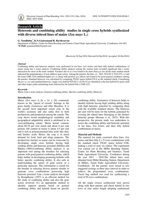 Pdf Heterosis And Combining Ability Studies In Single Cross Hybrids