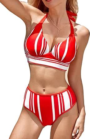Amazon CUPSHE Women S Bikini Sets Two Piece Bathing Suit High Waisted V Neck Halter Mid