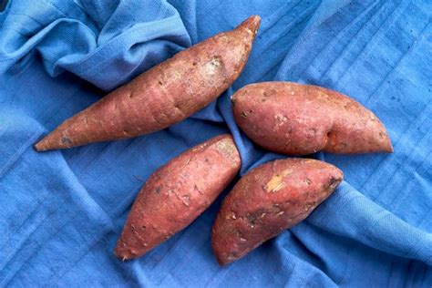 Premium Photo Close Up Of Sweet Potatoes On Blue Fabric