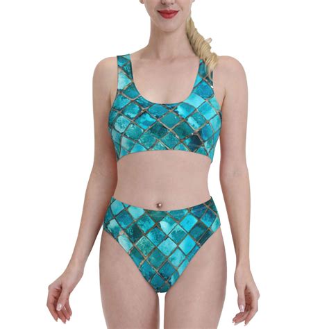 Bingfone Women S Bikini Sets Square Glass Mosaic Print High Waisted Two Pieces Swimsuits Xx