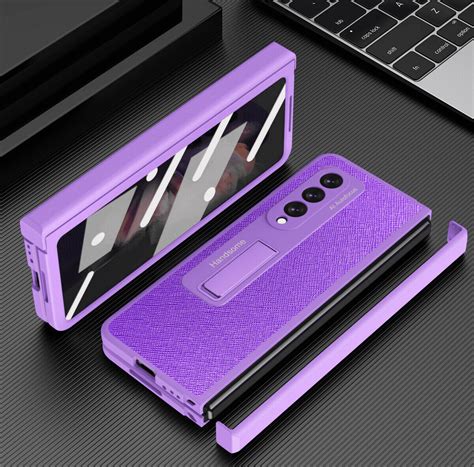 Grehome Case For Samsung Galaxy Z Fold 3 5g Full Hinge Pu Leather Stand Case With Tempered Glass