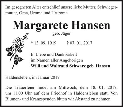 Traueranzeigen Von Margarete Hansen Geb J Ger Abschied Nehmen De