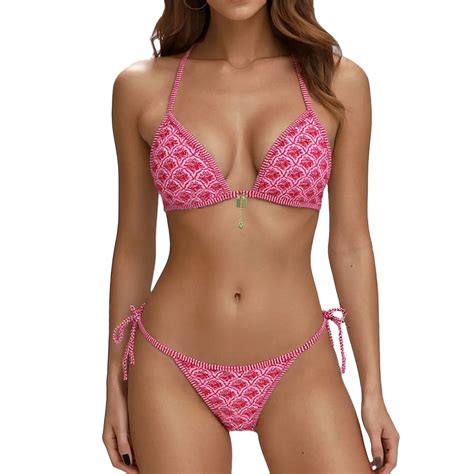 CAIVO Women Bikini Set 2PCS Halterneck Sexy Thong String Swimsuit Swimwear Side Lacing Bohemian