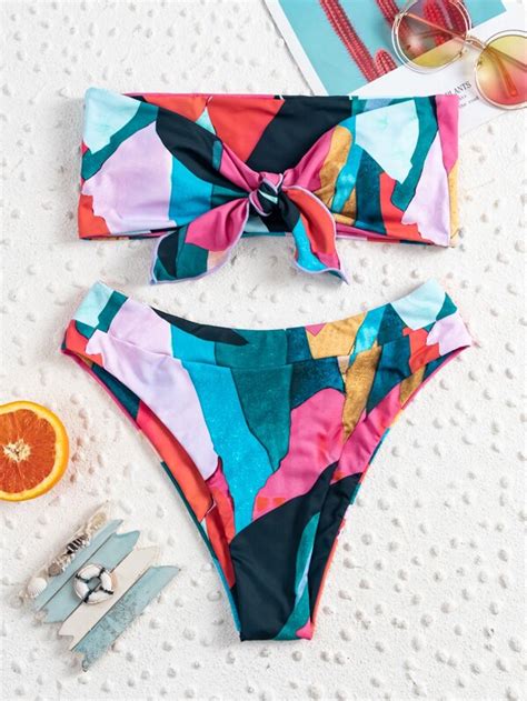 Shein Swim Vcay Colorful Bikini Set Knot Front Bandeau Top High Cut Bottom Piece Bathing