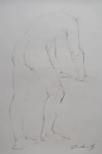 ORIGINAL PENCIL LIFE Drawing Male Nude Study Standing Leaning Back