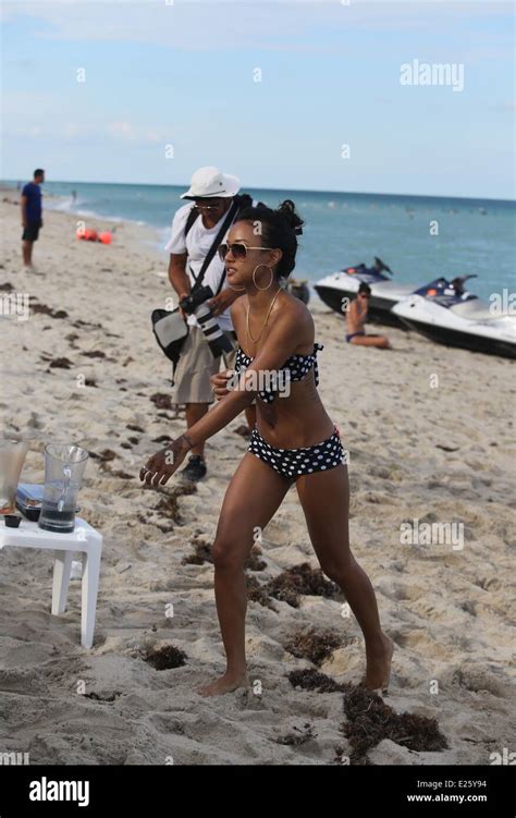 Karrueche Tran Wearing A Polka Dot Bikini With A Pink Bow On Her Rear Enjoys The Beaches In