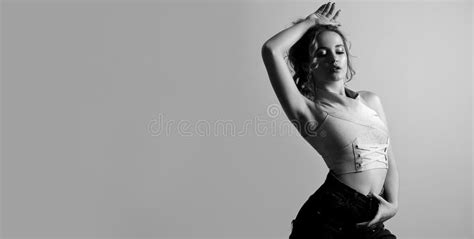 Black And White Portrait Of Splendid Girl With Naked Shoulders Stock Image Image Of Lips Care