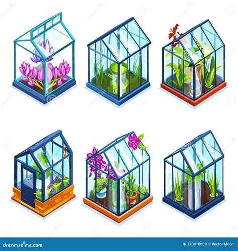 Six Different Styles Colorful Isometric Greenhouses Various Plants