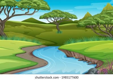 River Flow Forrest Mountain Background View Stock Vector Royalty Free