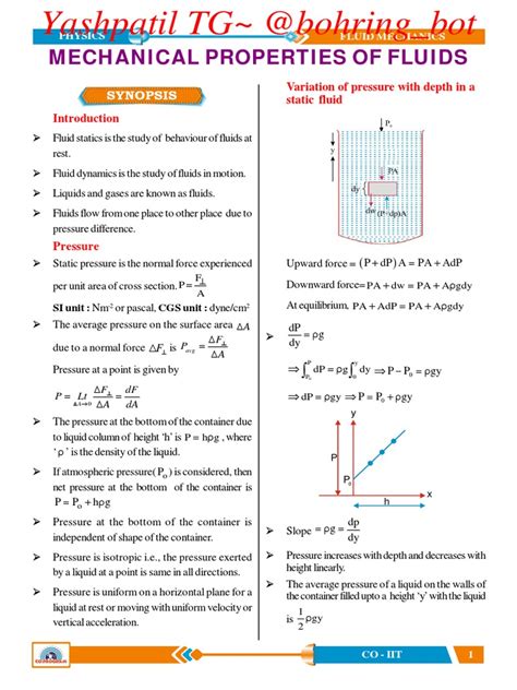 01 Fluid Mechanics Synopsis - (01-20) | PDF | Pressure | Buoyancy