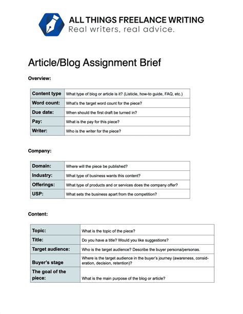 Blog Assignment Brief Template All Things Freelance Writing