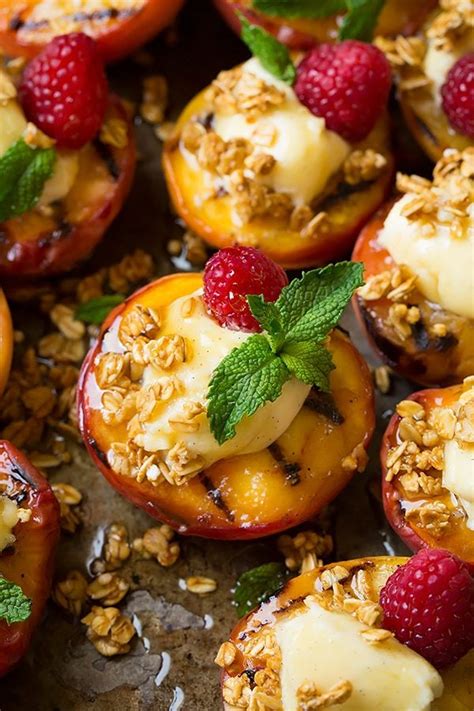 Grilled Peaches With Vanilla Bean Mascarpone Honey And Granola