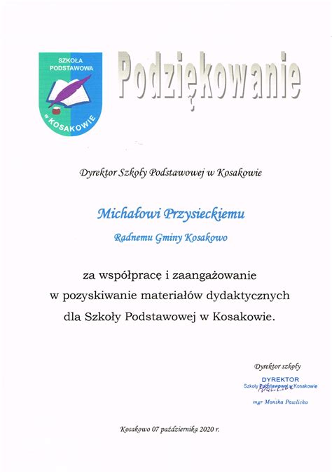 Podziękowania dla Radnego Gminy Kosakowo pana Michała Przysieckiego