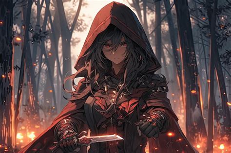 Premium Photo Fantasy Red Female Rogue With Hood Anime Style Red