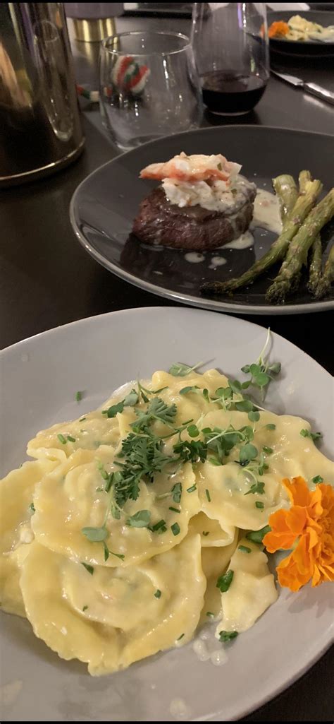 [homemade] Lobster Ravioli With Limoncello Cream Sauce And Wagyu Filet Oscar With King Crab