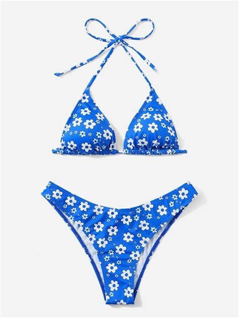 Emmiol Free Shipping Allover Floral Halter Bikini Set Blue M In Bikini Sets Online Store