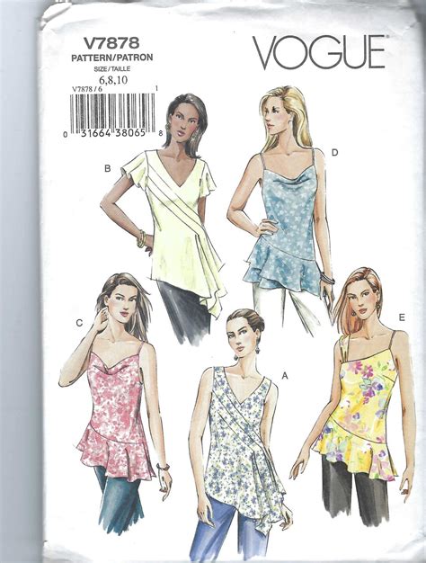 Uncut Vogue Sewing Pattern 7878 Tunic Top V Neck Short Sleeve Sleeveless Shoulder Straps Size