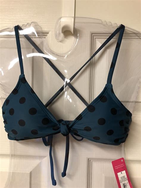 Womens Xhilaration Bikini Swim Top Polka Dot Black Teal String Tie Size S Ebay