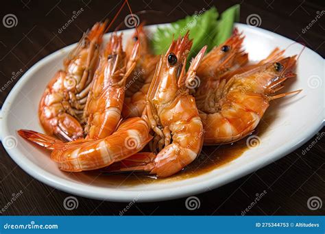 Plate Of Tiger Shrimp Prawns Drenched In Tangy Sauce Stock Image