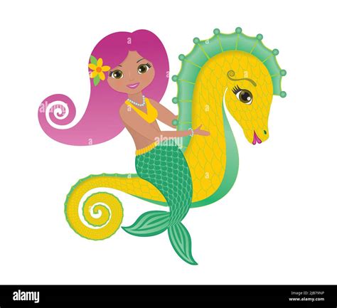 Lovely Mermaid Riding On Seahorse Isolated On White Background Vector